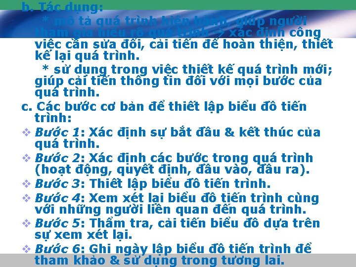 b. Tác dụng: * mô tả quá trình hiện hành, giúp người tham gia b. Tác dụng: * mô tả quá trình hiện hành, giúp người tham gia