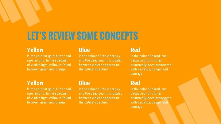 LET’S REVIEW SOME CONCEPTS Yellow Blue Red Is the color of gold, butter and