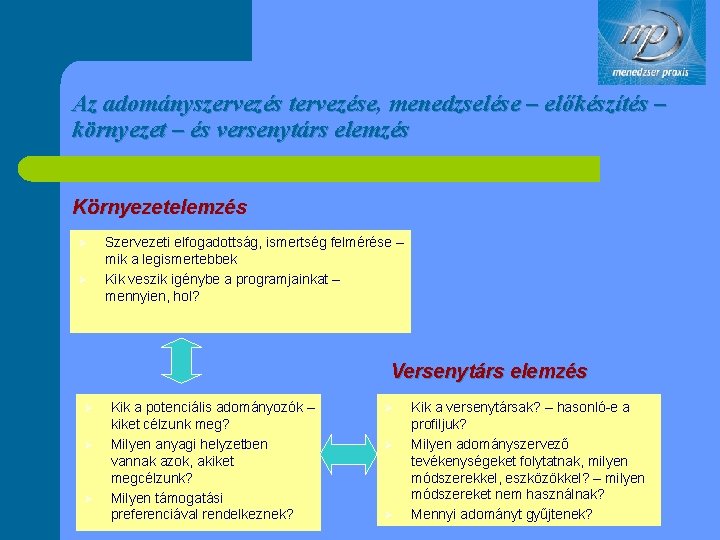 Az adományszervezés tervezése, menedzselése – előkészítés – környezet – és versenytárs elemzés Környezetelemzés Ø