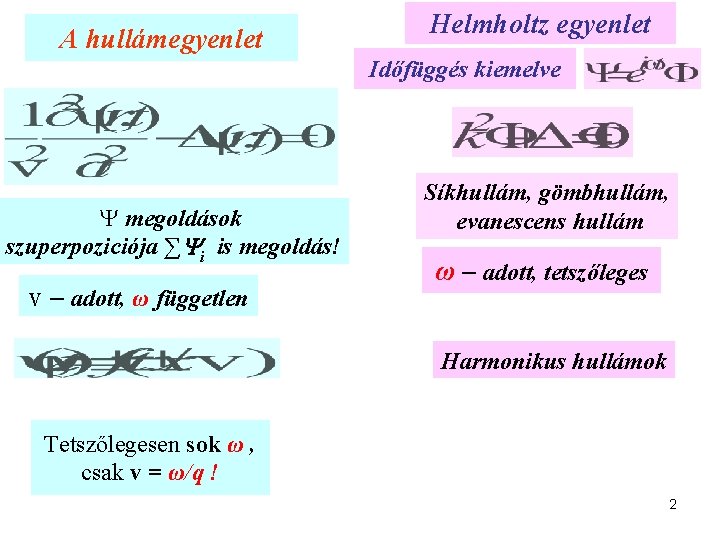 A hullámegyenlet Helmholtz egyenlet Időfüggés kiemelve Y megoldások szuperpoziciója ∑ i is megoldás! v