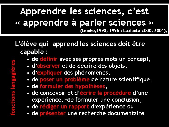 Apprendre les sciences, c’est « apprendre à parler sciences » (Lemke, 1990, 1996 ; Apprendre les sciences, c’est « apprendre à parler sciences » (Lemke, 1990, 1996 ;