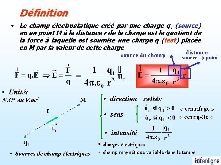 Définition • Le champ électrostatique créé par une charge q 1 (source) en un Définition • Le champ électrostatique créé par une charge q 1 (source) en un