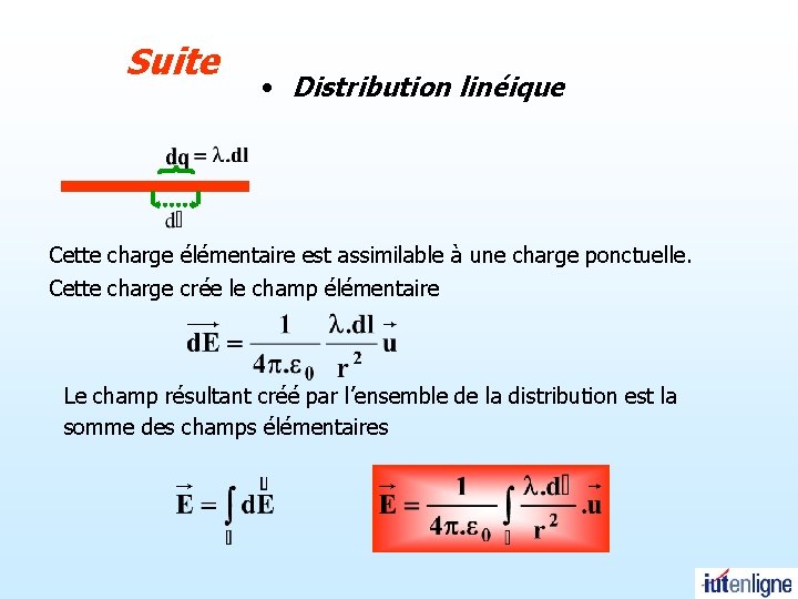 Suite • Distribution linéique Cette charge élémentaire est assimilable à une charge ponctuelle. Cette Suite • Distribution linéique Cette charge élémentaire est assimilable à une charge ponctuelle. Cette