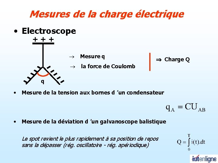 Mesures de la charge électrique • Electroscope + + + ® Mesure q • Mesures de la charge électrique • Electroscope + + + ® Mesure q •