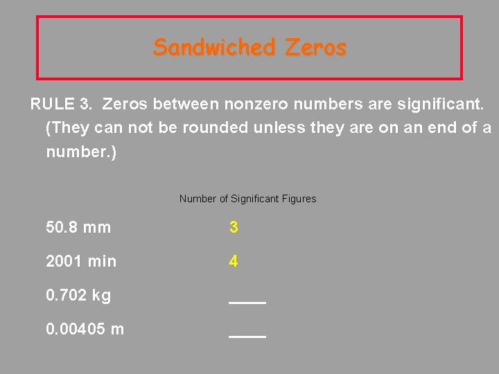 Sandwiched Zeros RULE 3. Zeros between nonzero numbers are significant. (They can not be