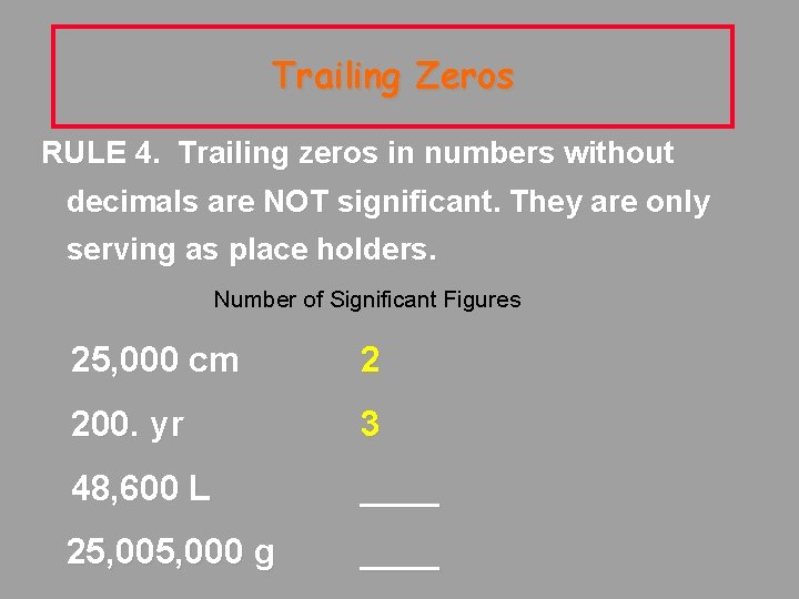 Trailing Zeros RULE 4. Trailing zeros in numbers without decimals are NOT significant. They