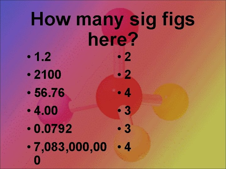 How many sig figs here? • 1. 2 • 2100 • 56. 76 •