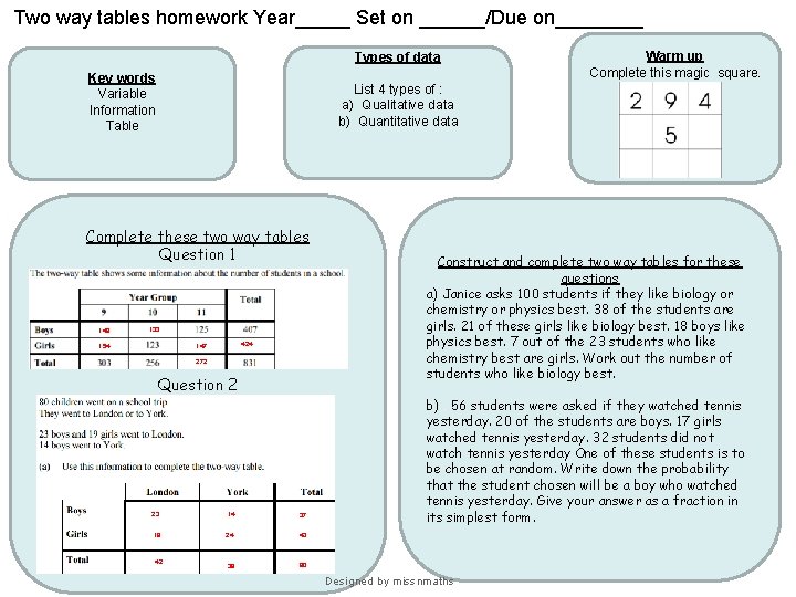 Two way tables homework Year_____ Set on ______/Due on____ Types of data Key words