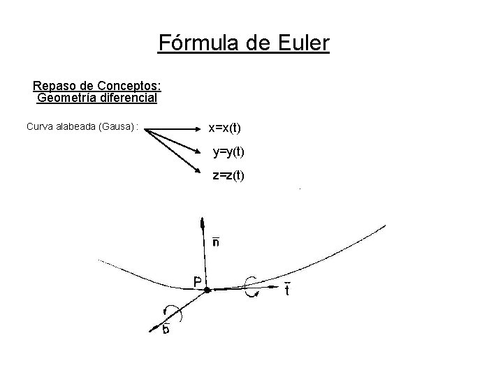 Fórmula de Euler Repaso de Conceptos: Geometría diferencial Curva alabeada (Gausa) : x=x(t) y=y(t) Fórmula de Euler Repaso de Conceptos: Geometría diferencial Curva alabeada (Gausa) : x=x(t) y=y(t)