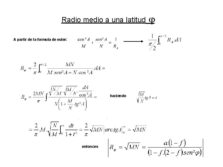 Radio medio a una latitud A partir de la formula de euler: haciendo entonces Radio medio a una latitud A partir de la formula de euler: haciendo entonces