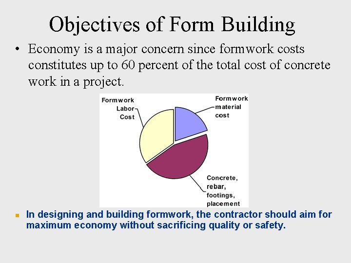 Objectives of Form Building • Economy is a major concern since formwork costs constitutes