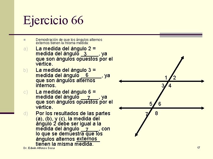 Ejercicio 66 n Demostración de que los ángulos alternos externos tienen la misma medida: