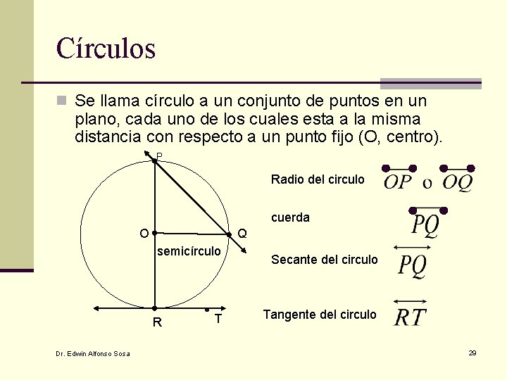Círculos n Se llama círculo a un conjunto de puntos en un plano, cada