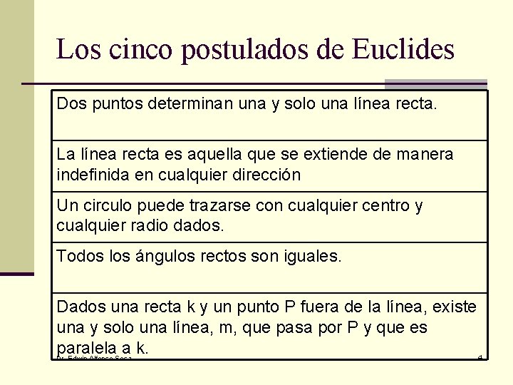 Los cinco postulados de Euclides Dos puntos determinan una y solo una línea recta.