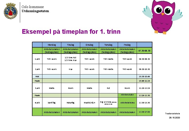 Oslo kommune Utdanningsetaten Eksempel på timeplan for 1. trinn Mandag Tirsdag Onsdag Torsdag Fredag