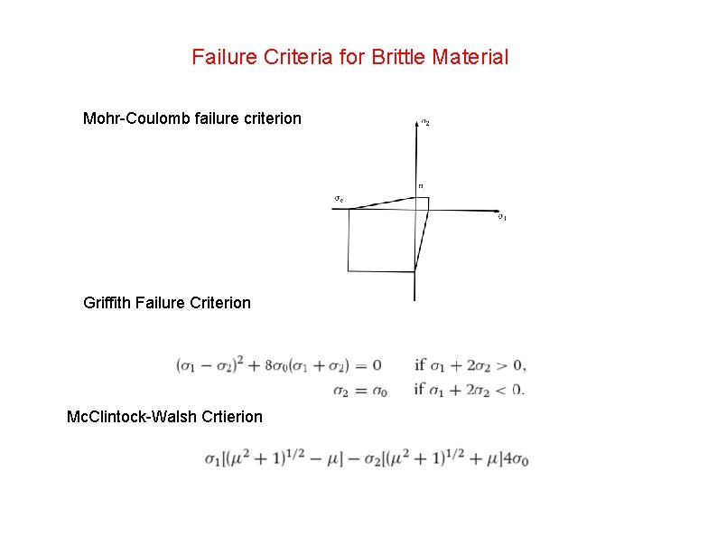 Failure Criteria for Brittle Material Mohr-Coulomb failure criterion Griffith Failure Criterion Mc. Clintock-Walsh Crtierion