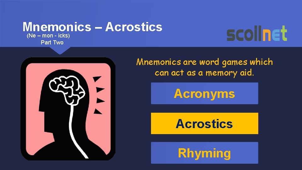 Mnemonics – Acrostics (Ne – mon - icks) Part Two Mnemonics are word games
