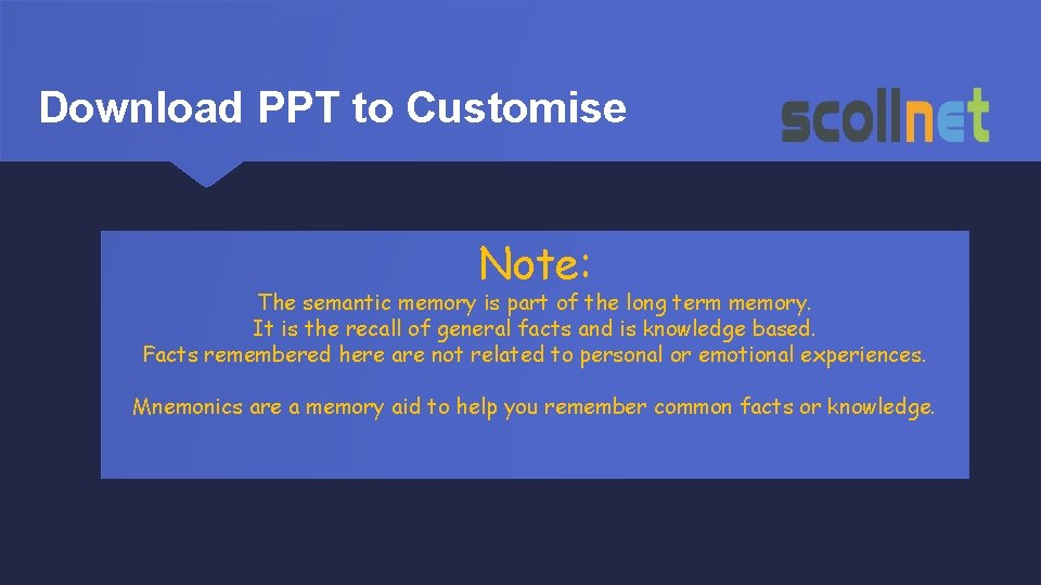 Download PPT to Customise Note: The semantic memory is part of the long term