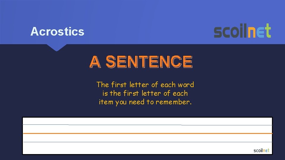 Acrostics A SENTENCE The first letter of each word is the first letter of