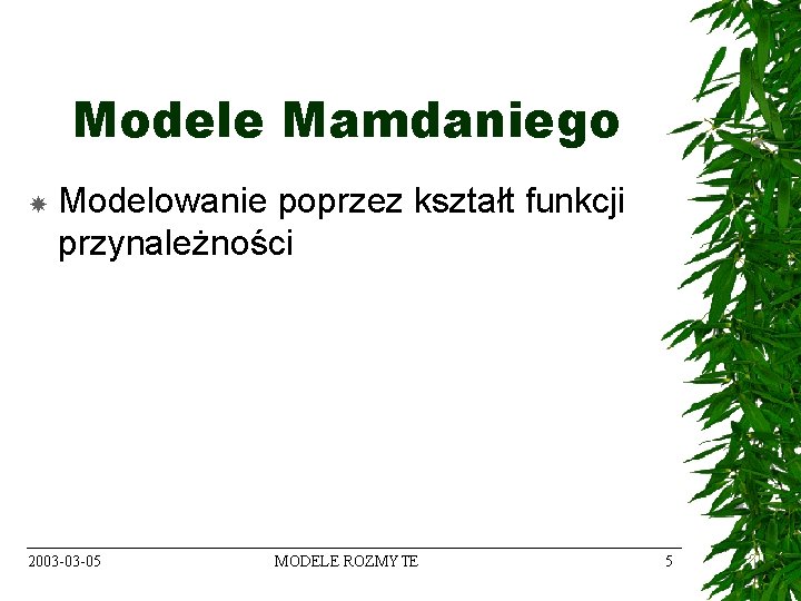 Modele Mamdaniego Modelowanie poprzez kształt funkcji przynależności 2003 -03 -05 MODELE ROZMYTE 5 