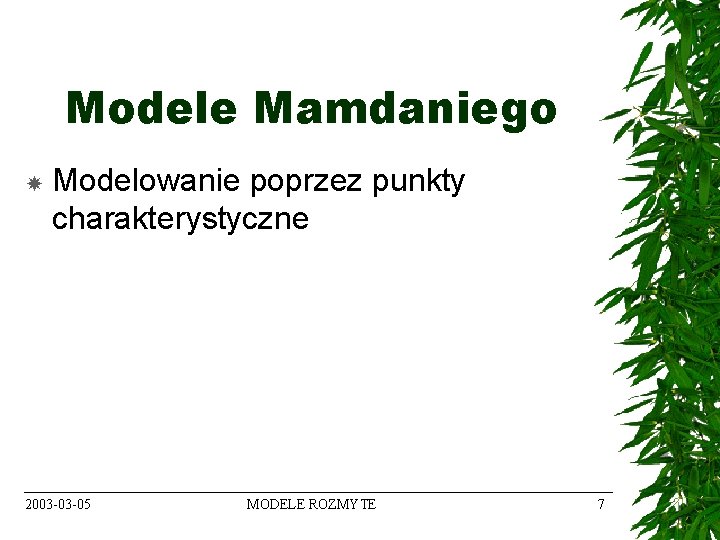 Modele Mamdaniego Modelowanie poprzez punkty charakterystyczne 2003 -03 -05 MODELE ROZMYTE 7 