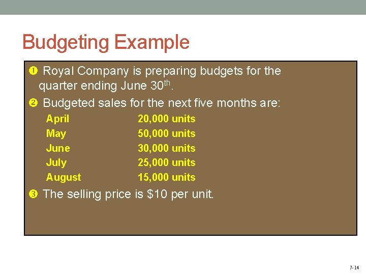 Budgeting Example Royal Company is preparing budgets for the quarter ending June 30 th.