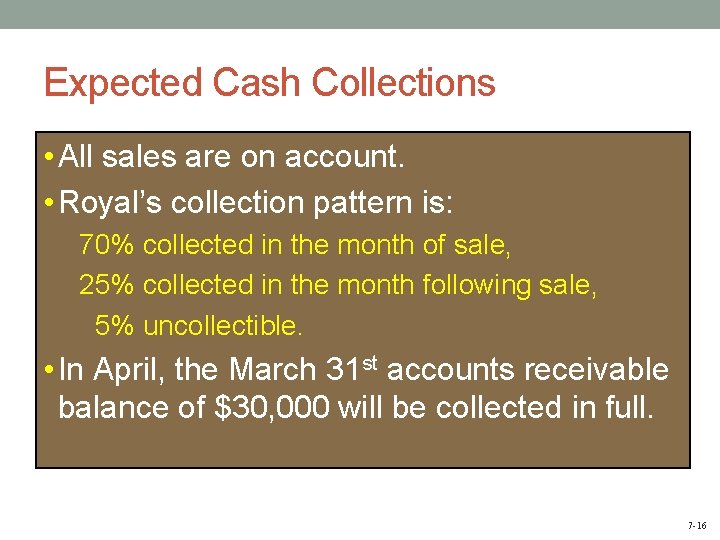 Expected Cash Collections • All sales are on account. • Royal’s collection pattern is: