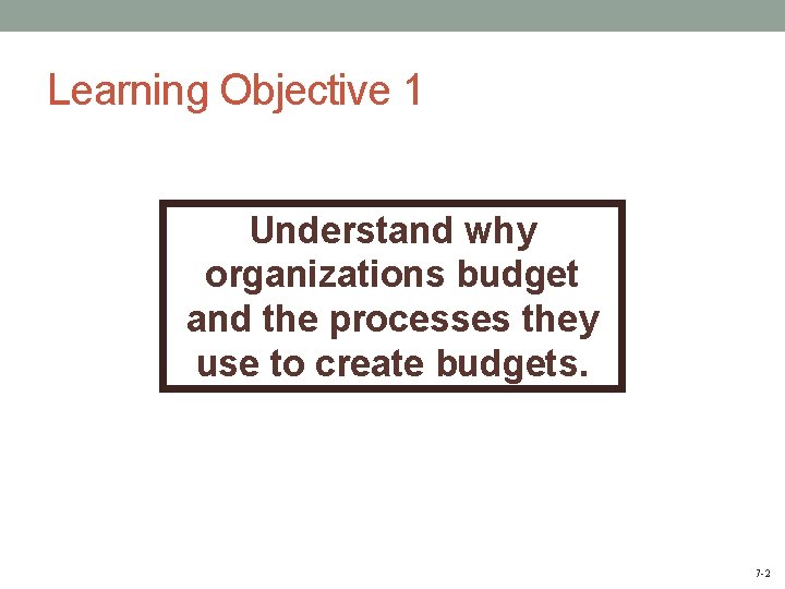 Learning Objective 1 Understand why organizations budget and the processes they use to create