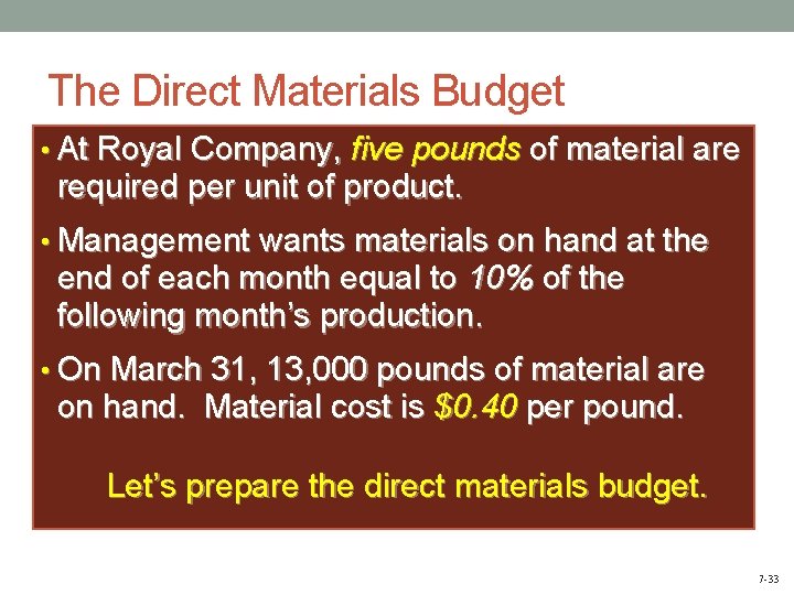 The Direct Materials Budget • At Royal Company, five pounds of material are required