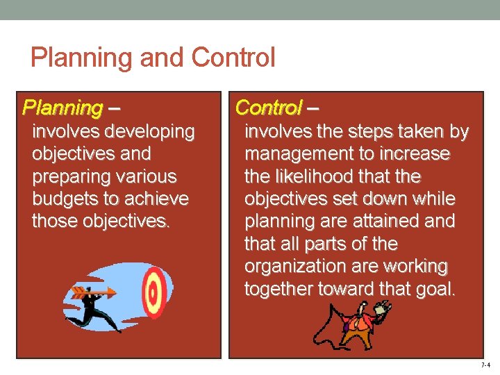 Planning and Control Planning – involves developing objectives and preparing various budgets to achieve