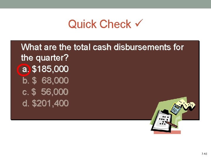 Quick Check What are the total cash disbursements for the quarter? a. $185, 000