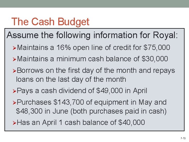 The Cash Budget Assume the following information for Royal: ØMaintains a 16% open line