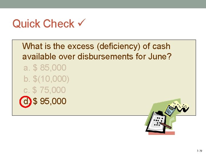 Quick Check What is the excess (deficiency) of cash available over disbursements for June?