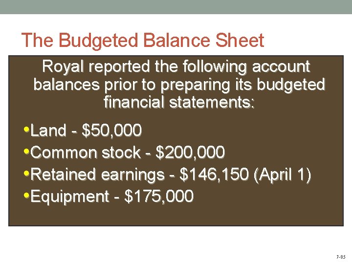 The Budgeted Balance Sheet Royal reported the following account balances prior to preparing its