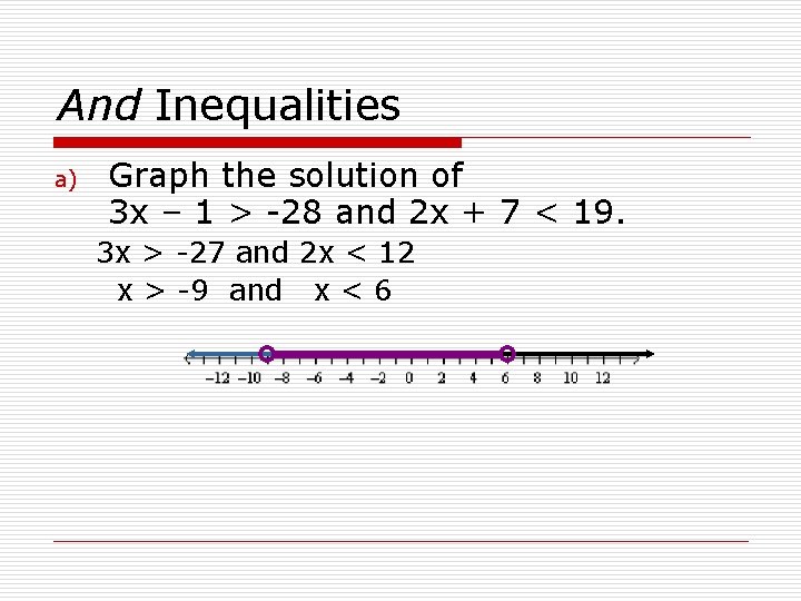 And Inequalities a) Graph the solution of 3 x – 1 > -28 and