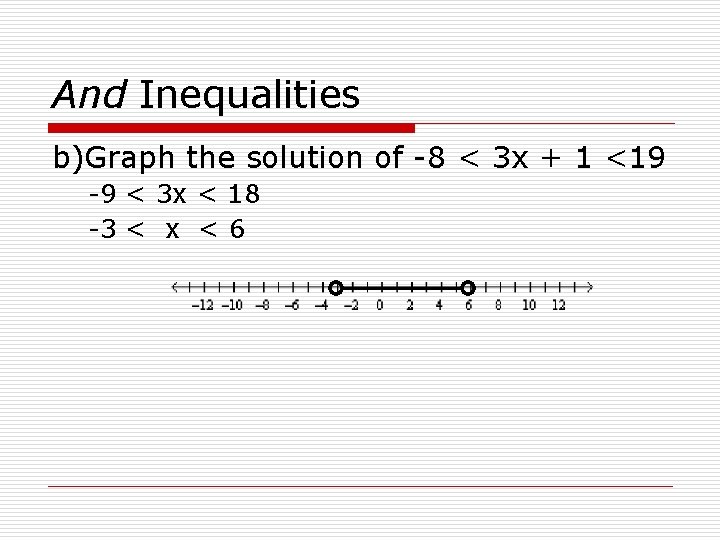 And Inequalities b)Graph the solution of -8 < 3 x + 1 <19 -9