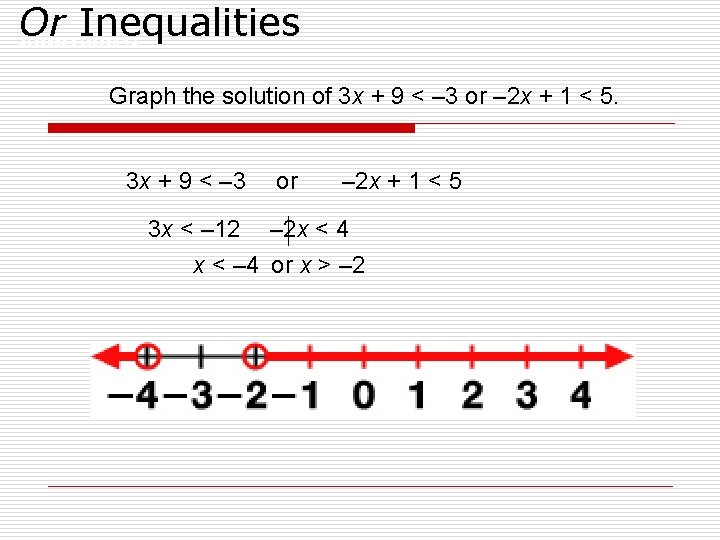 Or Inequalities ALGEBRA 2 LESSON 1 -4 Graph the solution of 3 x +