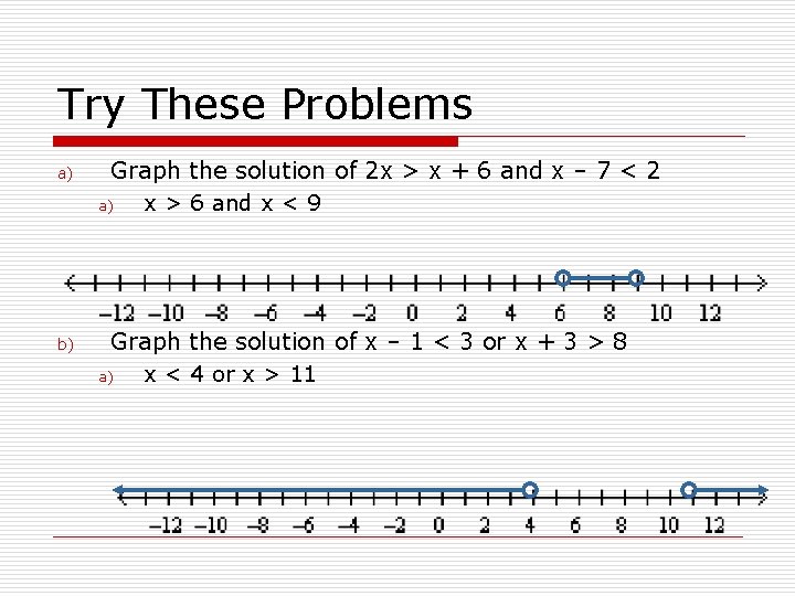 Try These Problems a) Graph the solution of 2 x > x + 6