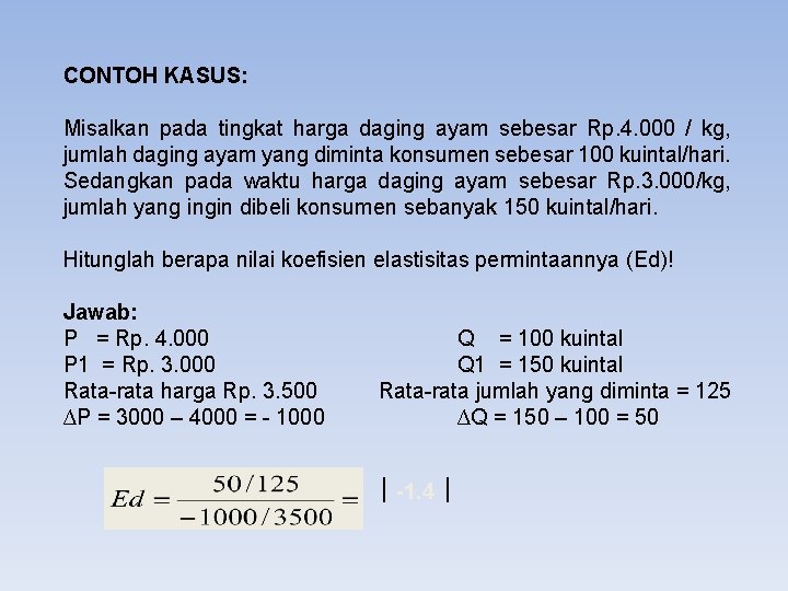 CONTOH KASUS: Misalkan pada tingkat harga daging ayam sebesar Rp. 4. 000 / kg,