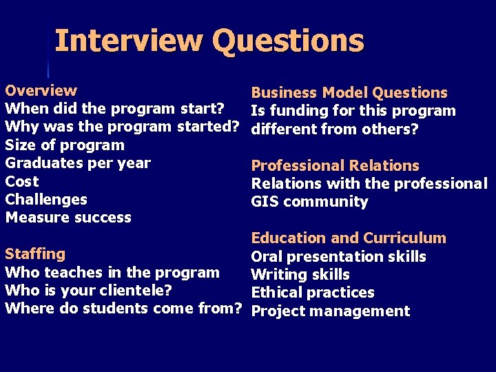 Interview Questions Overview When did the program start? Why was the program started? Size Interview Questions Overview When did the program start? Why was the program started? Size