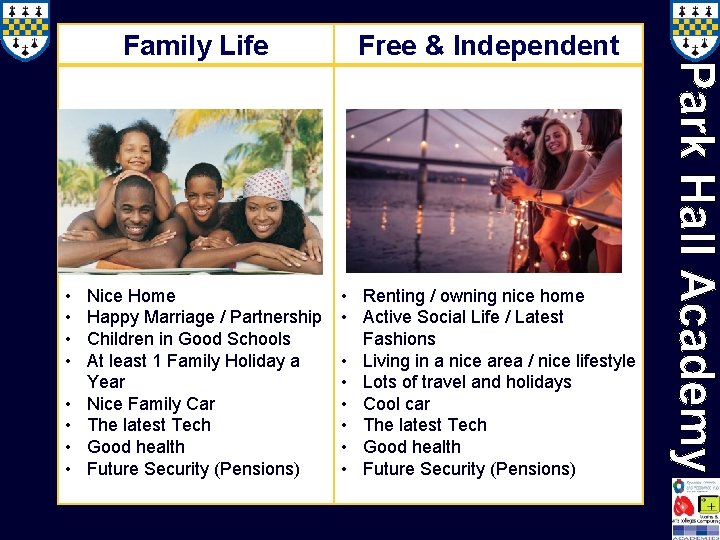 Family Life • • Nice Home Happy Marriage / Partnership Children in Good Schools