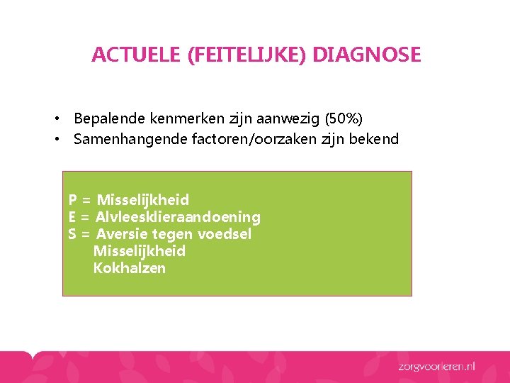 ACTUELE (FEITELIJKE) DIAGNOSE • Bepalende kenmerken zijn aanwezig (50%) • Samenhangende factoren/oorzaken zijn bekend
