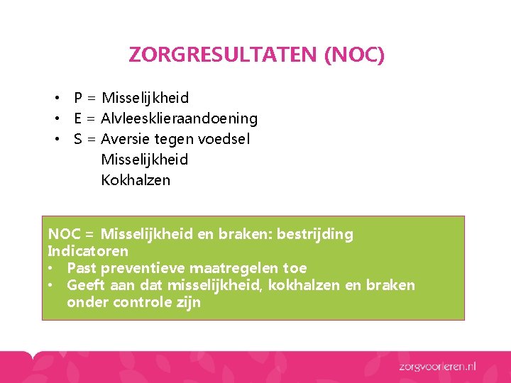ZORGRESULTATEN (NOC) • P = Misselijkheid • E = Alvleesklieraandoening • S = Aversie