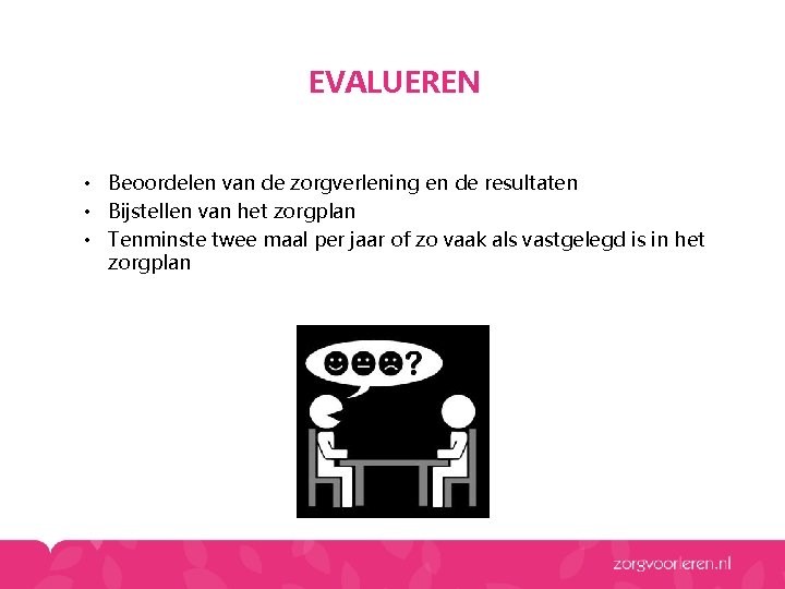 EVALUEREN • Beoordelen van de zorgverlening en de resultaten • Bijstellen van het zorgplan