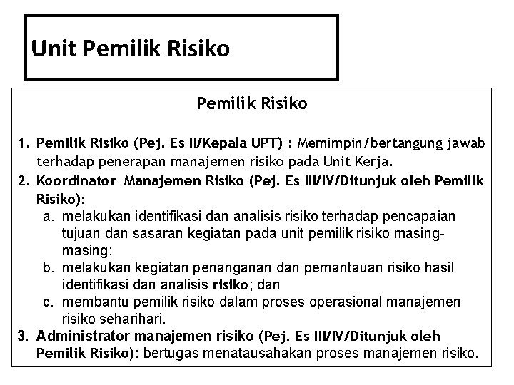 Unit Pemilik Risiko 1. Pemilik Risiko (Pej. Es II/Kepala UPT) : Memimpin/bertangung jawab terhadap