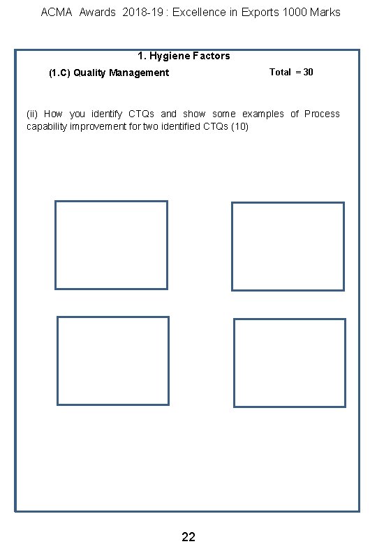 ACMA Awards 2018 -19 : Excellence in Exports 1000 Marks 1. Hygiene Factors Total