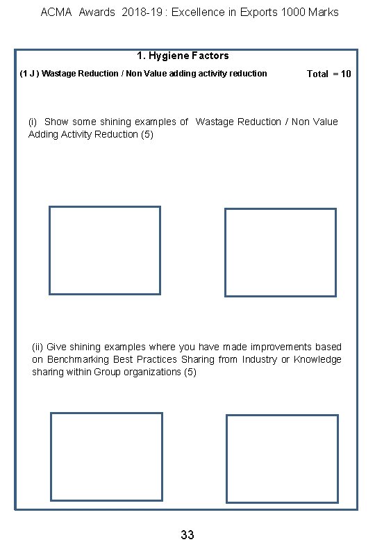 ACMA Awards 2018 -19 : Excellence in Exports 1000 Marks 1. Hygiene Factors (1