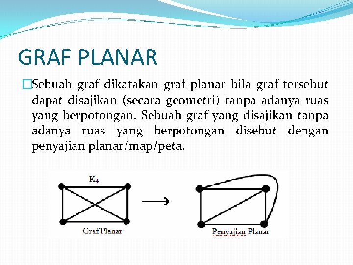 GRAF PLANAR �Sebuah graf dikatakan graf planar bila graf tersebut dapat disajikan (secara geometri)