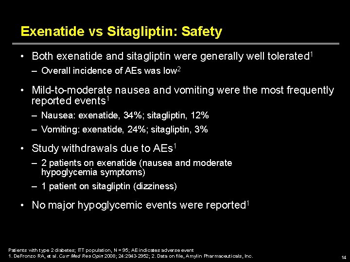 Exenatide vs Sitagliptin: Safety • Both exenatide and sitagliptin were generally well tolerated 1