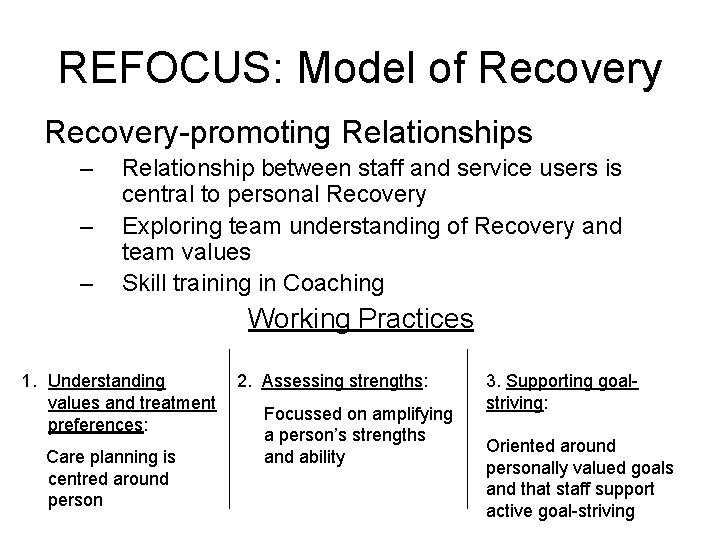 REFOCUS: Model of Recovery-promoting Relationships – – – Relationship between staff and service users